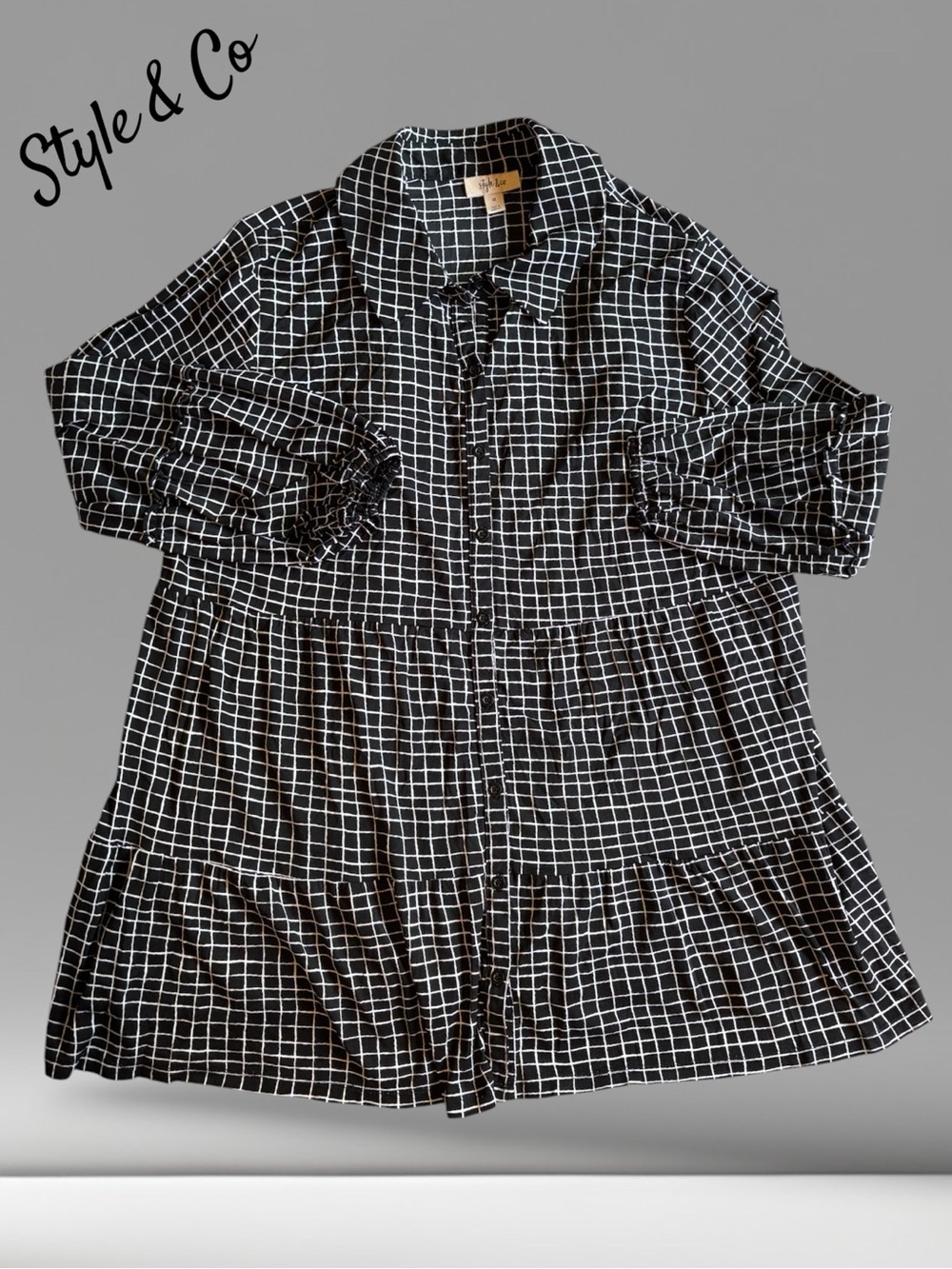 Style & Co Black and White Grid Blouse with ruffle details. 3X